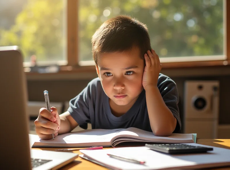 A student sitting at a desk, studying with books and a laptop, with a calculator nearby.