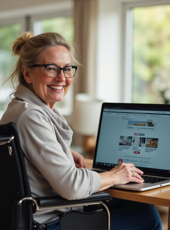 A smiling disabled person using a laptop, showcasing accessibility and technology.