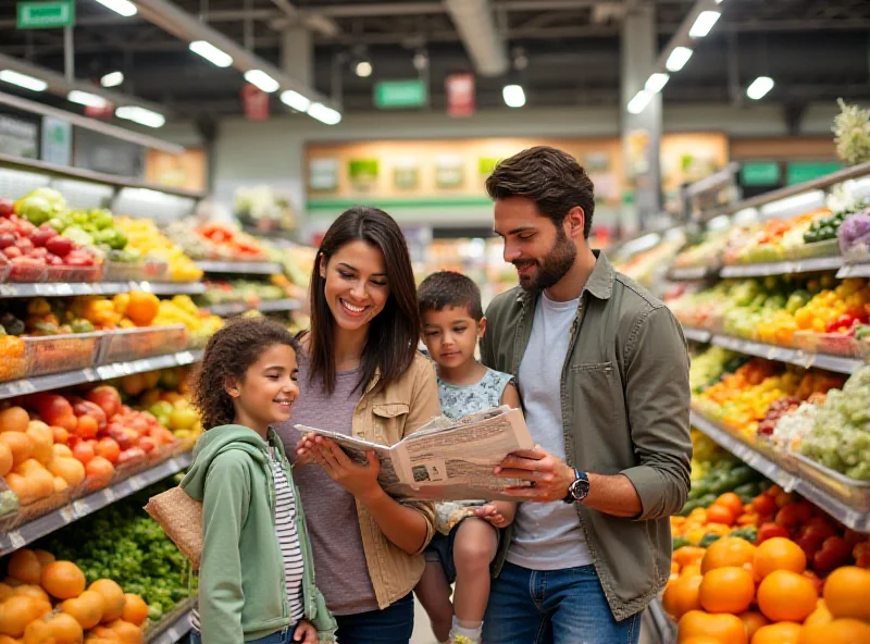 A family grocery shopping with a focus on fresh produce and sale items.