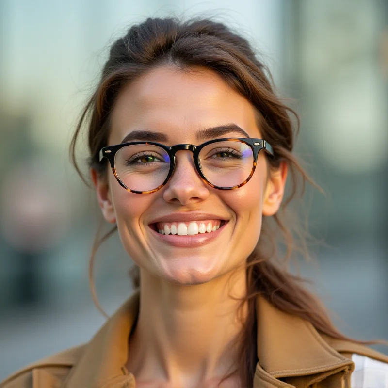 A person happily wearing new glasses, showcasing a modern and stylish frame design.