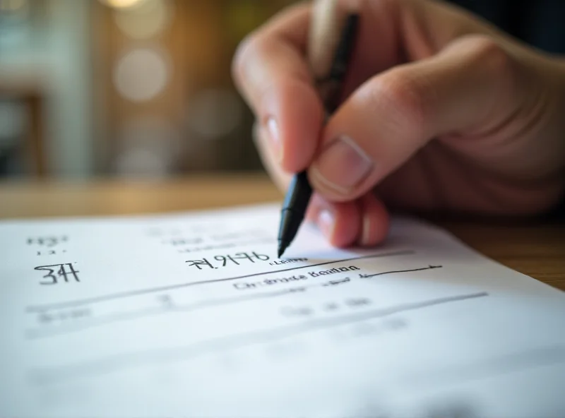 A hand signing a restaurant receipt with a pen.