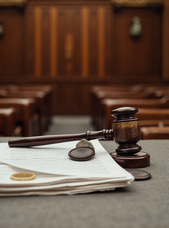 A gavel resting on a stack of legal documents, symbolizing the legal challenges and accountability facing Smer and its members.