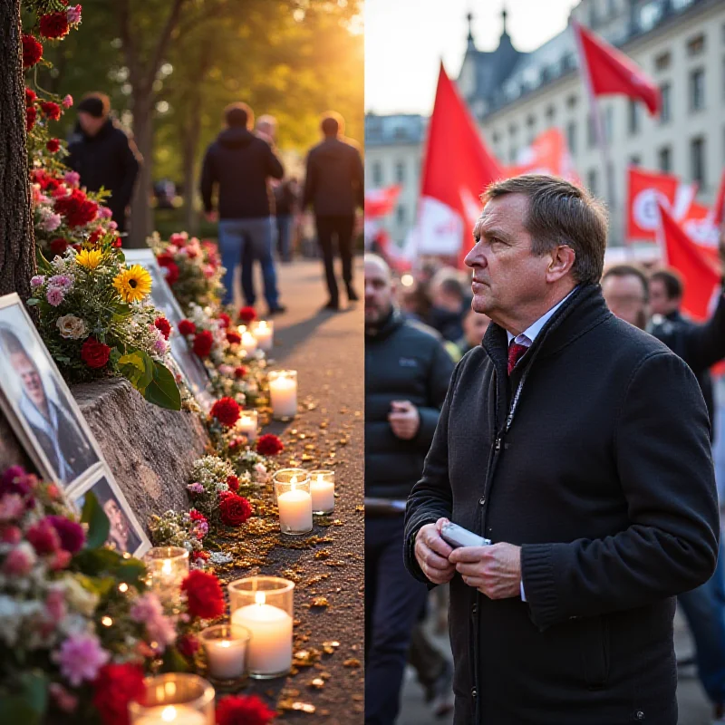 A split image showing a memorial for Ján and Martina on one side and a political rally for Smer on the other, representing the contrasting forces at play in Slovakia.