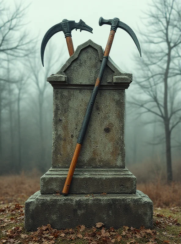 Stylized image of a monument with scythes and hammers