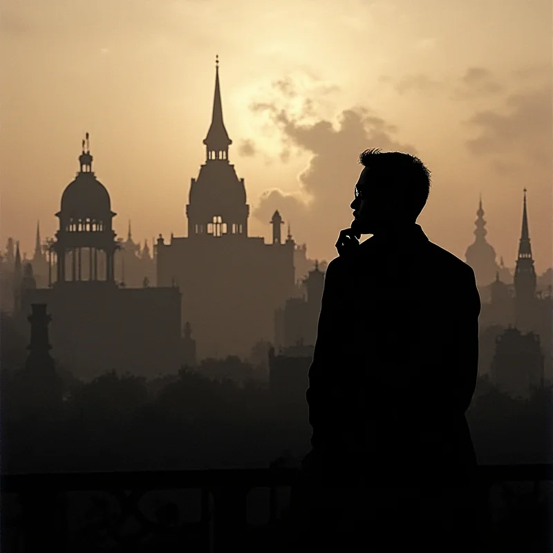 Silhouette of a person thinking against a backdrop of historical monuments