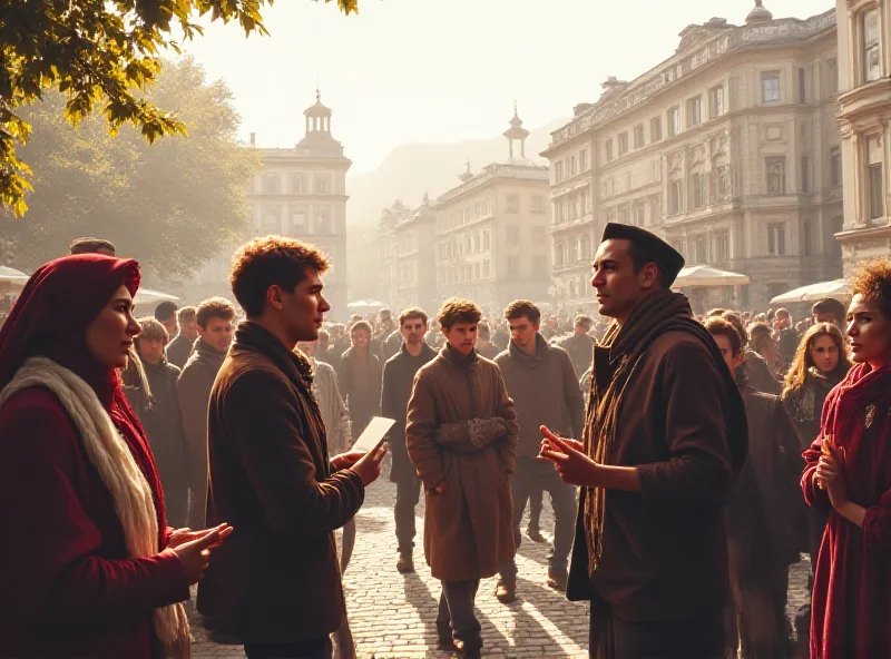 A diverse group of people debating in a town square.