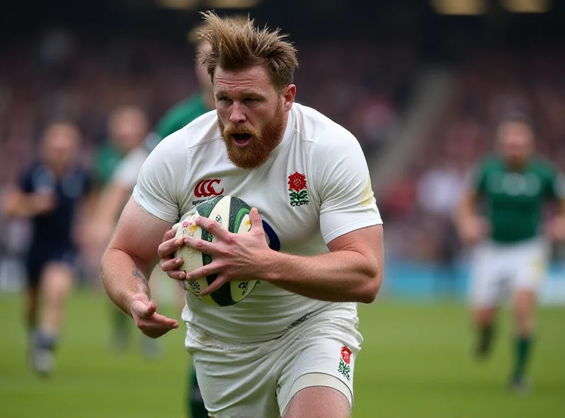 Elliot Daly in an England rugby jersey running with the ball during a match.