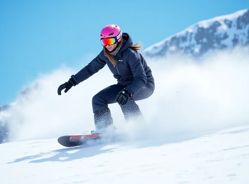 A female snowboarder racing down a snowy slope during a competition.