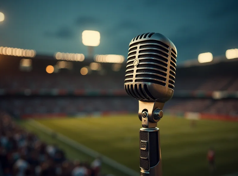 A vintage microphone with a blurred background of a sports stadium.