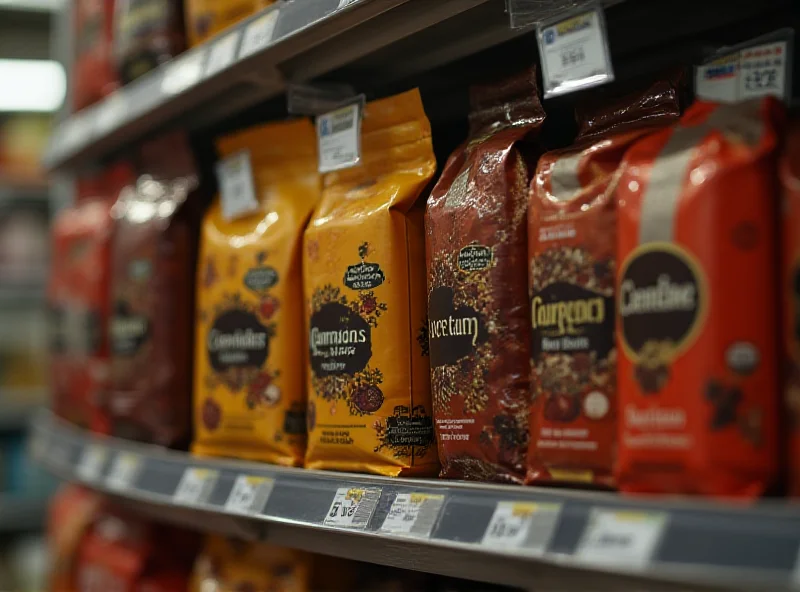 Close-up shot of various coffee packages on a supermarket shelf, highlighting the different sizes and subtly contrasting the traditional larger sizes with the newer, smaller 400-gram packages. Focus on the price tags and package weights to emphasize the shrinkflation concept.