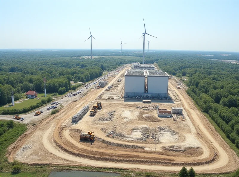 An aerial view of the Dukovany Nuclear Power Plant in the Czech Republic, with construction equipment and workers visible at the site of the new reactors. Focus on the scale of the project and the surrounding landscape, emphasizing the long-term commitment and infrastructure investment involved.