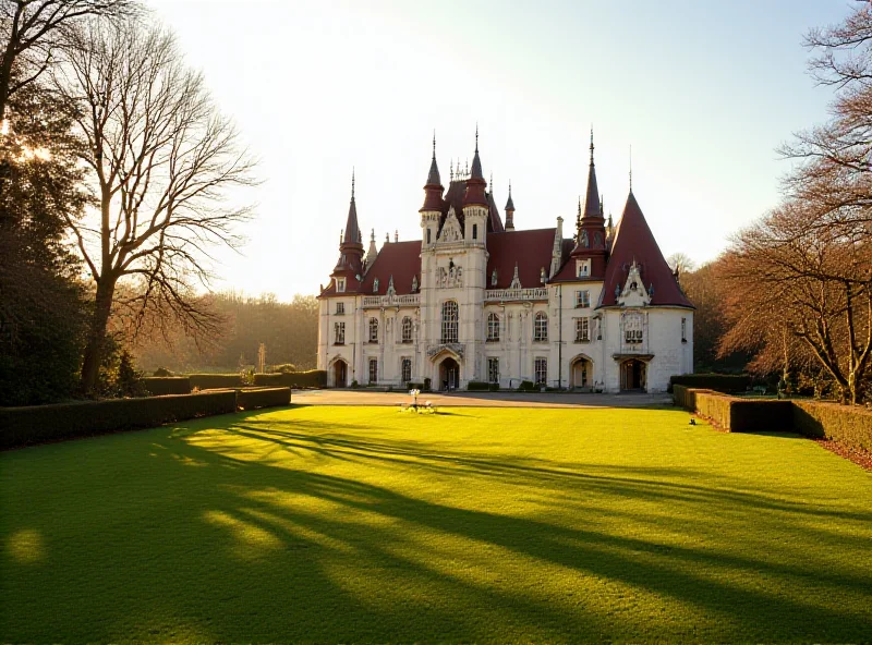 A wide shot of Štiřín Castle near Prague, showcasing its grand architecture, surrounding gardens, and overall luxurious appearance. The image should evoke a sense of history, elegance, and exclusivity, highlighting the castle's appeal as a unique and prestigious property.