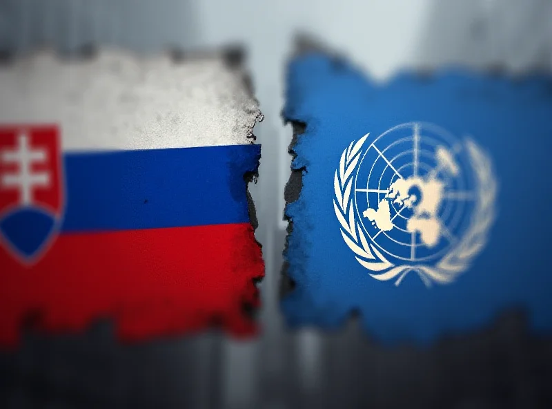 Illustration of a Slovakian flag next to a United Nations flag, symbolizing the conflict between national interests and international obligations.