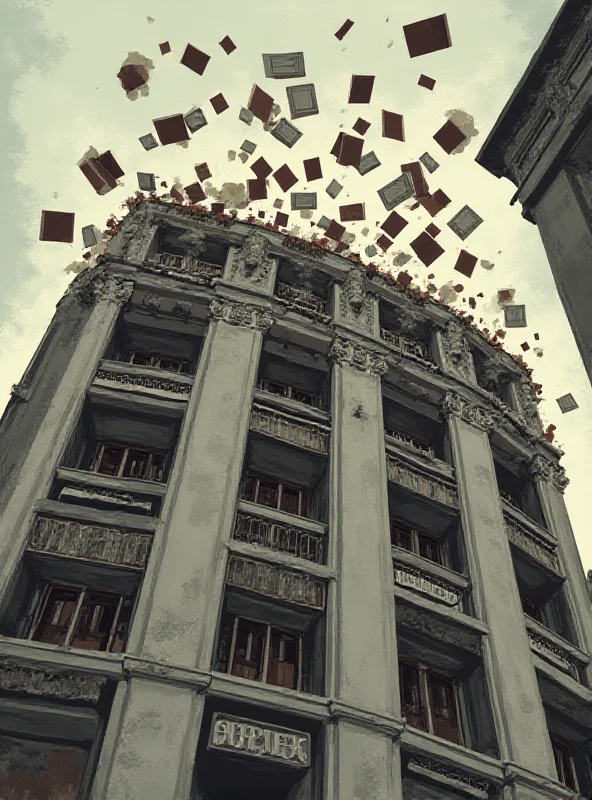 A digital illustration of a library building with books flying out of the windows, symbolizing accusations and chaos.