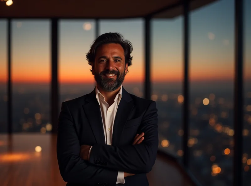 Gianluca Torre smiling confidently in front of a modern luxury loft with large windows showcasing a city skyline at dusk.