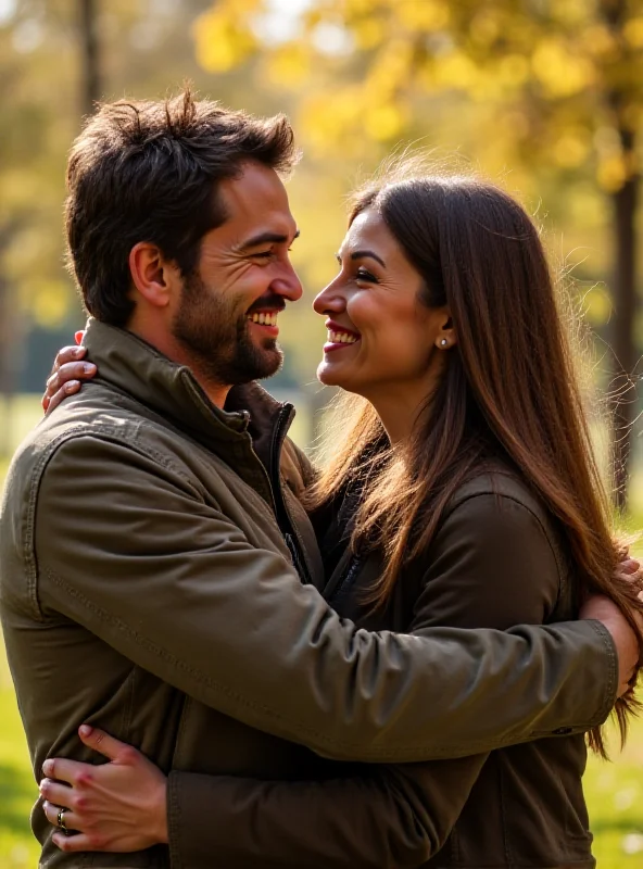 A loving couple, Penny and Jake, embracing each other outdoors in a sunny park. Penny is smiling brightly at Jake, who is looking affectionately back at her.