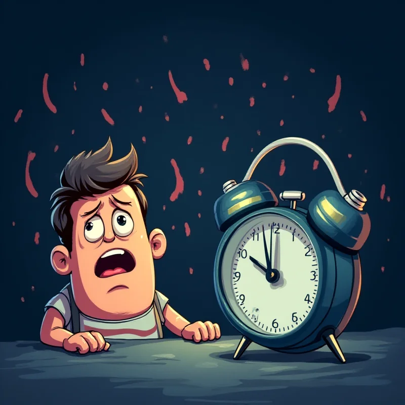 A cartoon image of an alarm clock ringing loudly at 4:00 AM, with a frustrated-looking person trying to turn it off.