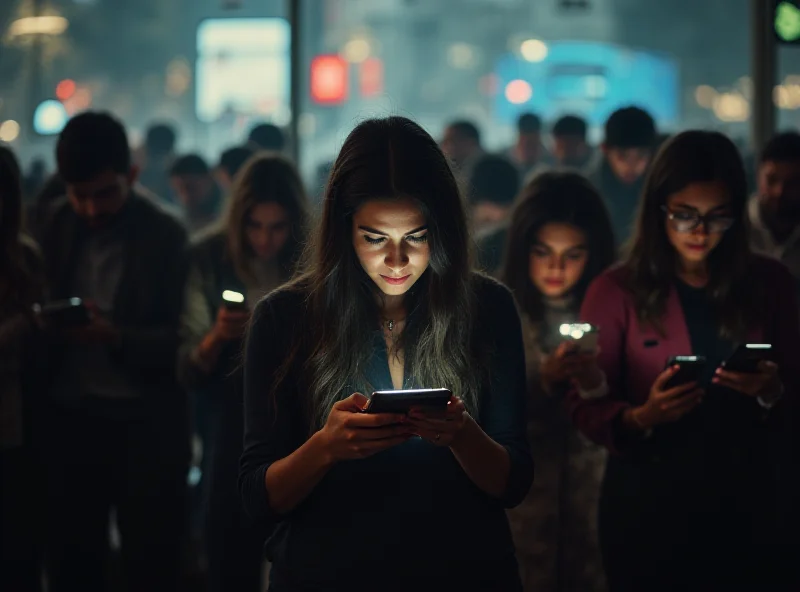 A diverse group of people are looking at their smartphones, seemingly oblivious to their surroundings, with social media logos faintly visible in the background.