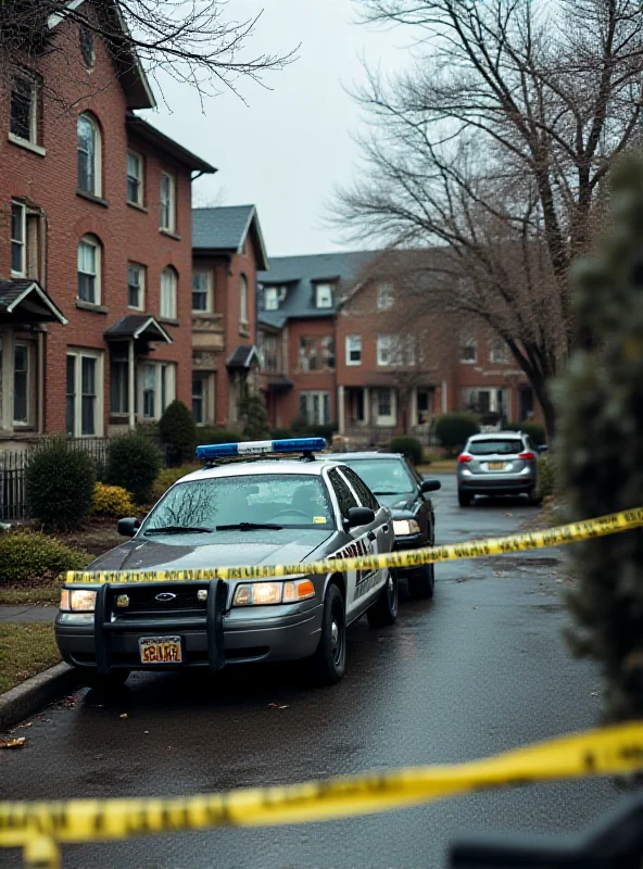 A police car is parked on a residential street, with yellow police tape cordoning off an apartment building. The scene is somber and reflects a serious investigation.