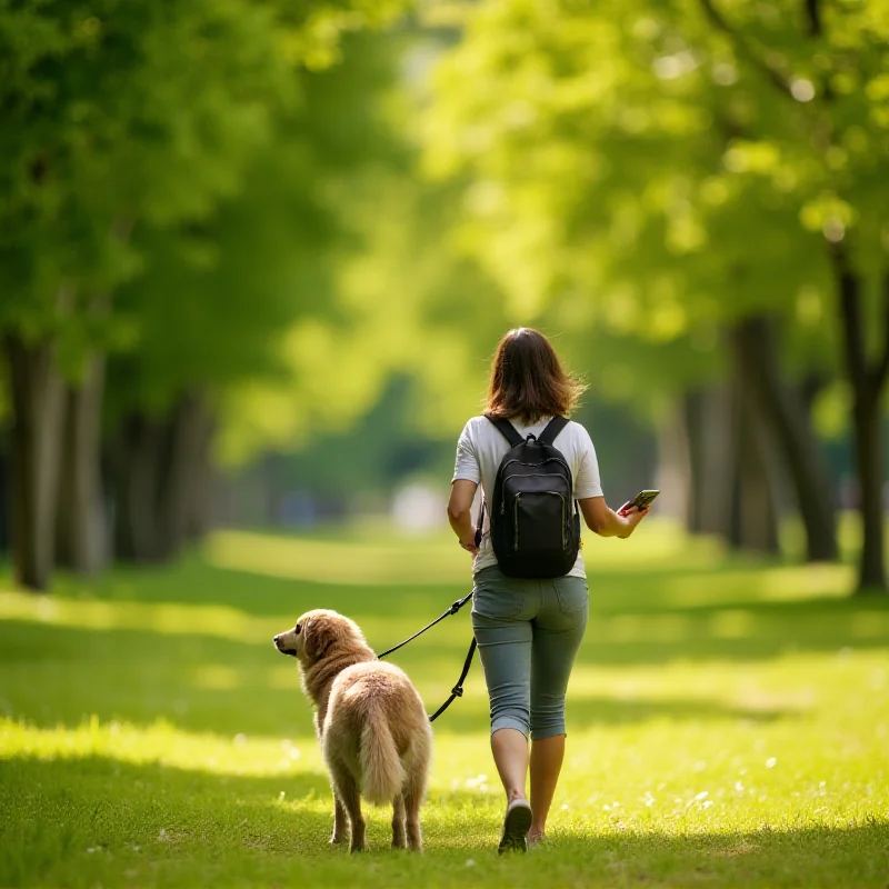 A person is walking a dog on a leash in a park, with a smartphone visible in their other hand. The image represents the juxtaposition of technology and real-world responsibilities.