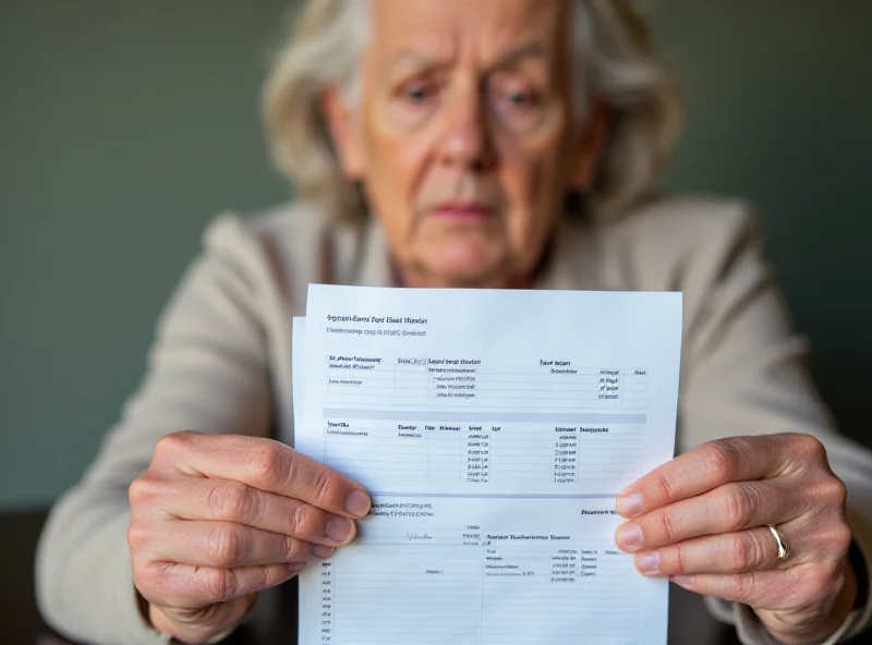 An elderly person looking worried while reviewing financial documents.