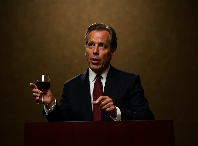 A politician making a speech while holding a glass of wine, symbolizing the connection between politics and the wine industry.