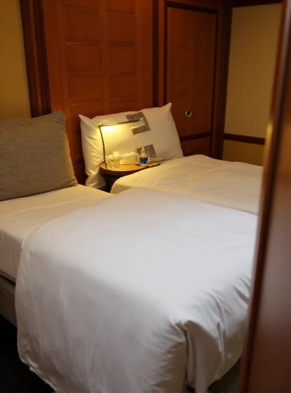 Interior of a Caledonian Sleeper train cabin, showing a neatly made bed and a small table.