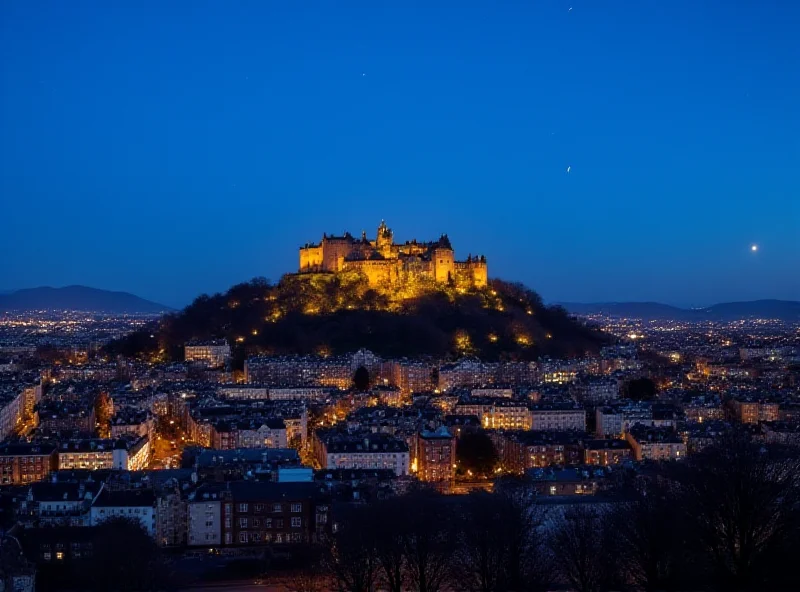 Panoramic view of Edinburgh, Scotland at night, with the castle illuminated on a hill.