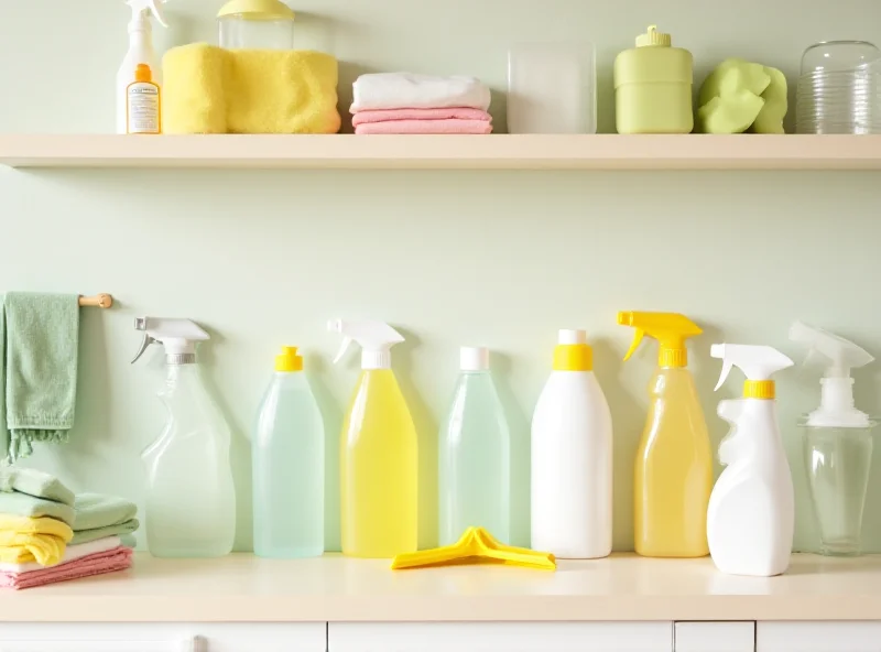 Close-up shot of various cleaning supplies arranged neatly on a shelf, suggesting solutions to household problems.