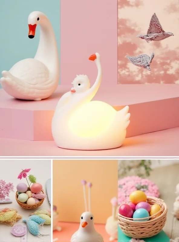 A collage of various whimsical gifts, including a swan-shaped lamp, pigeon-shaped bag clips, and a decorative egg nest, set against a bright and colorful background.