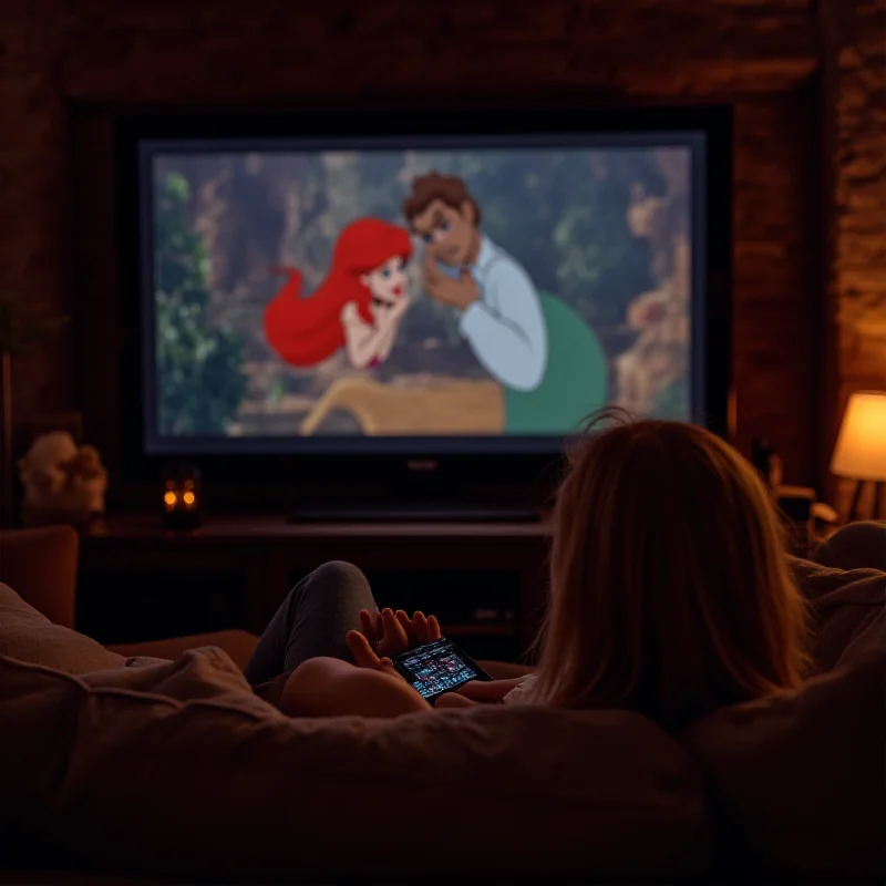 A person sitting comfortably on a couch, holding a remote control, and looking at a television screen displaying a classic Disney animated movie from the 1980s.