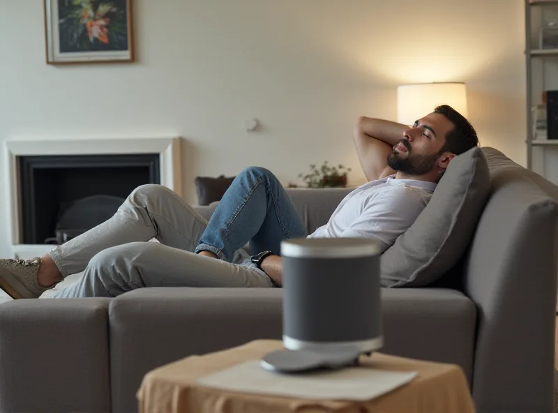 A person relaxing on a couch while listening to music on a Sonos speaker.