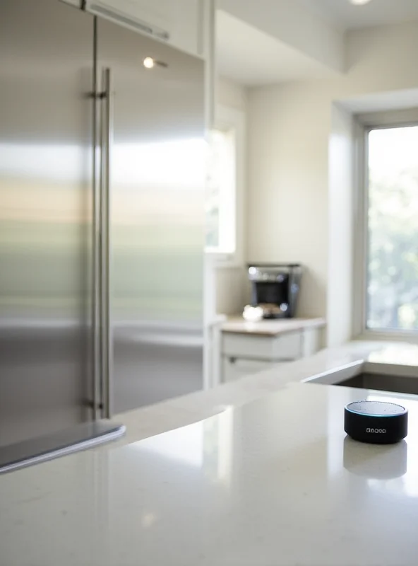 A sleek, modern kitchen with an Amazon Echo device on the counter.