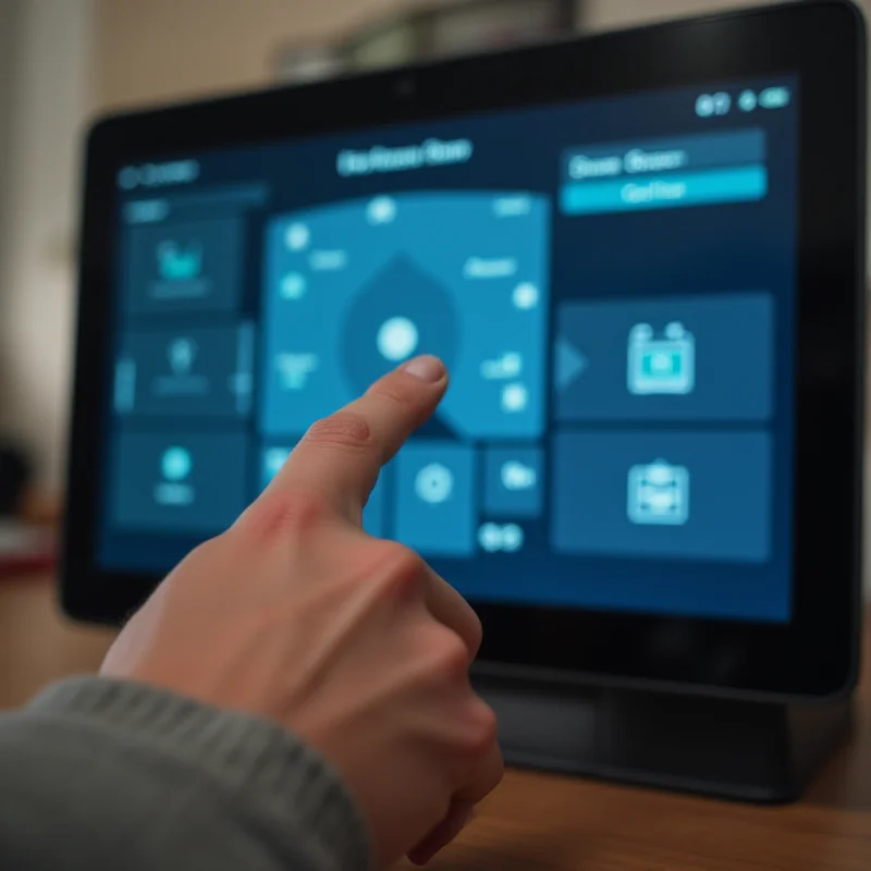 Close-up of a person interacting with an Amazon Echo Show device, showing the Alexa interface.