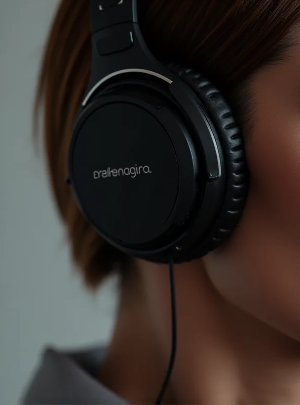 Close-up studio shot of a person wearing sleek, modern, wireless headphones, focusing on the clean lines and design of the earcups. The background is blurred to emphasize the product.