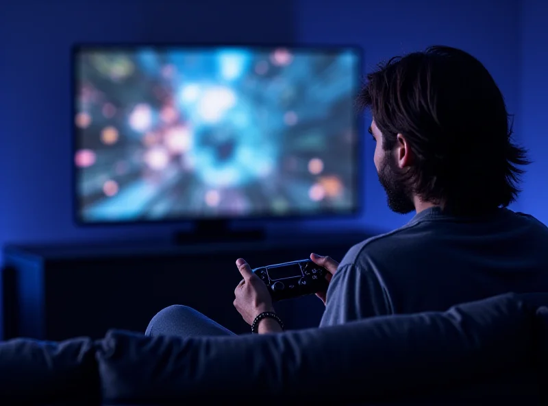 A person is happily using a PlayStation 5 console to play a video game on a large screen TV. They are holding a PlayStation controller and smiling at the screen. The room is dimly lit to create a gaming atmosphere.