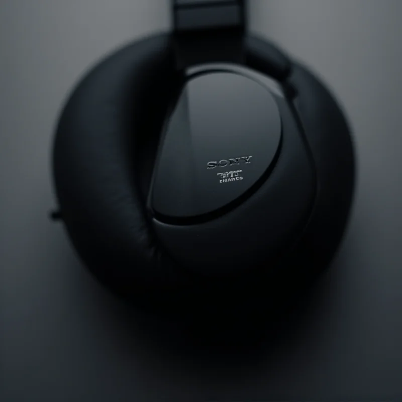 Close up shot of Sony WH-1000XM series headphones. The headphones are black and sleek, with the Sony logo visible on the side.