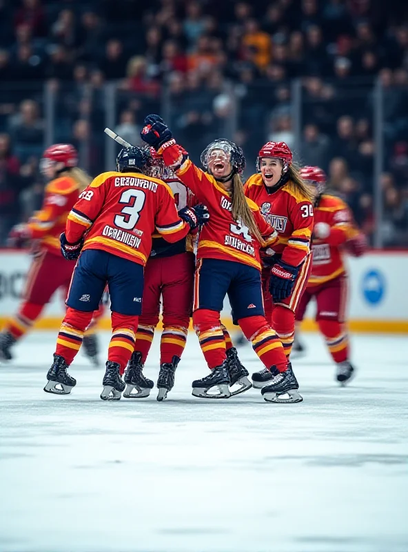 A group of female hockey players celebrating a goal on the ice.