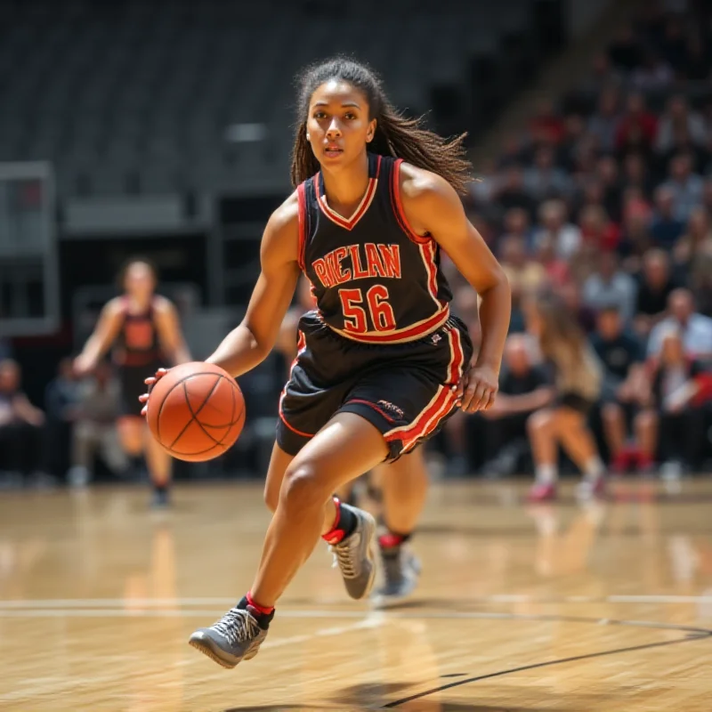 A basketball player dribbling the ball down the court during a game.