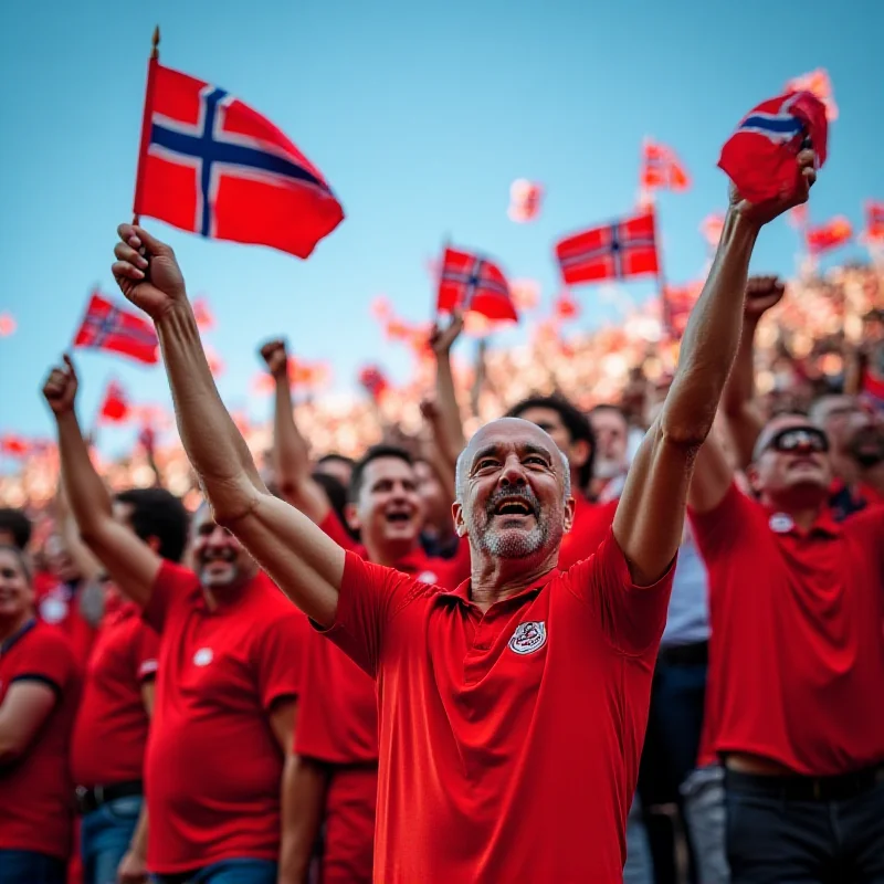 A cheering crowd with Norwegian flags.