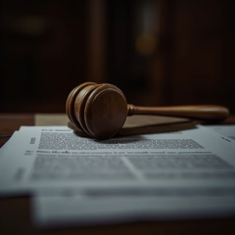 A gavel resting on a stack of legal documents in a dimly lit courtroom.