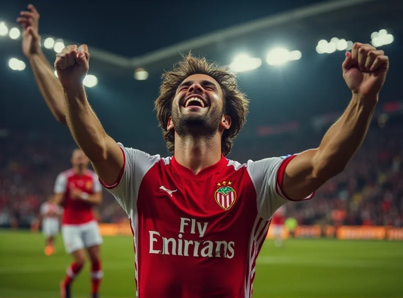 Mika Biereth celebrating a goal with arms raised and a joyful expression.