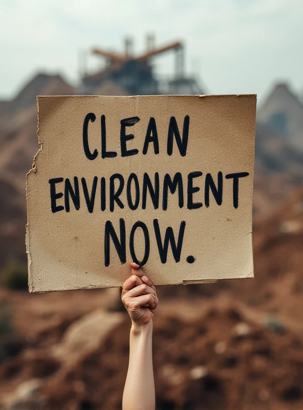 A protest sign at a mining site with the words 'Clean Environment Now' on it.