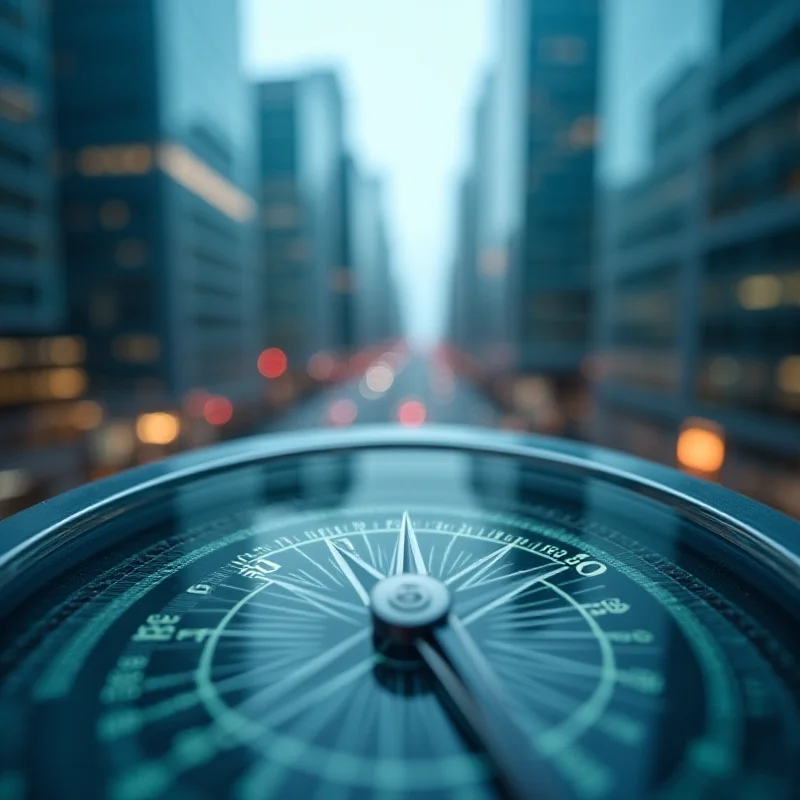 A blurred background of a financial district with a close-up of a compass pointing towards 'Ethics'.