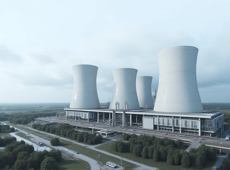 Architectural rendering of the Dukovany nuclear power plant expansion, showing the new reactors under construction against a cloudy sky.