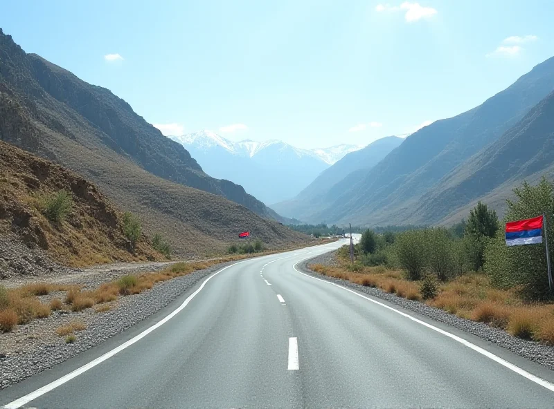 A modern highway winding through a mountainous landscape in Tajikistan, with South Korean flags subtly visible in the background.