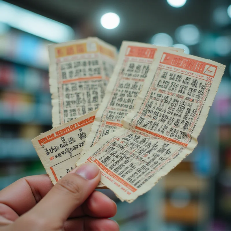 Close-up shot of lottery tickets with winning numbers highlighted, set against a blurred background of a South Korean convenience store.