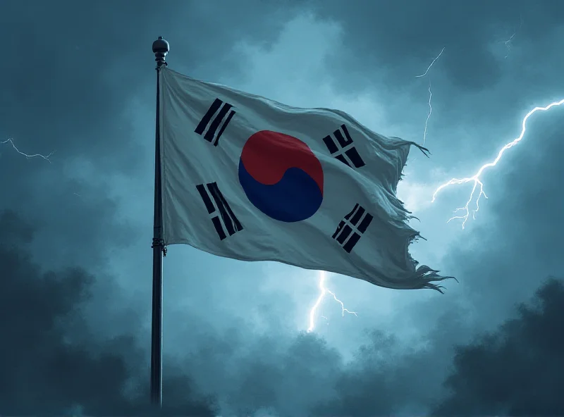 A dramatic scene depicting the South Korean flag waving amidst a stormy sky, symbolizing the political and military turmoil.