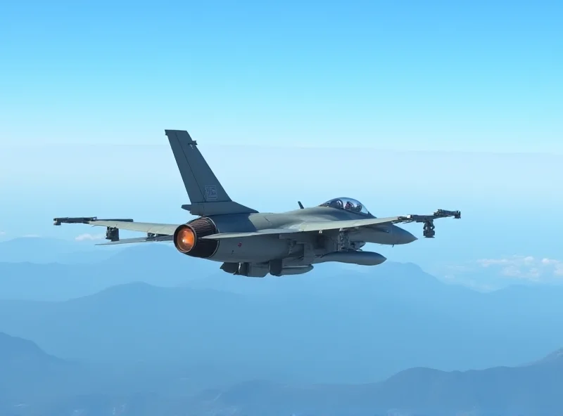 South Korean F-16 fighter jet in flight over a mountainous landscape.