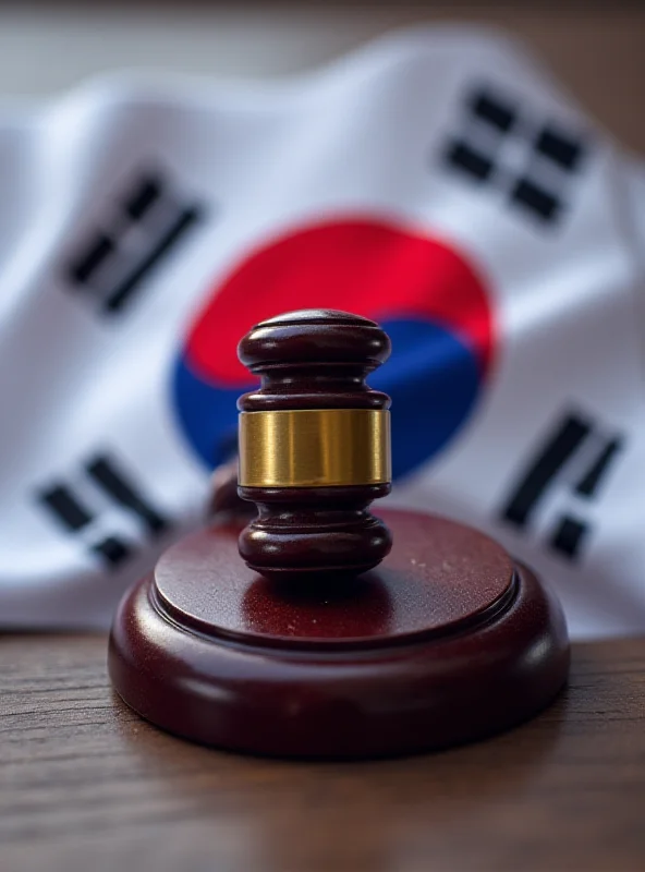 A stylized gavel resting on a South Korean flag.